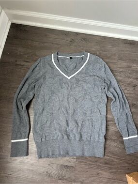 Preppy Gray V-Neck Sweater with White Trim
